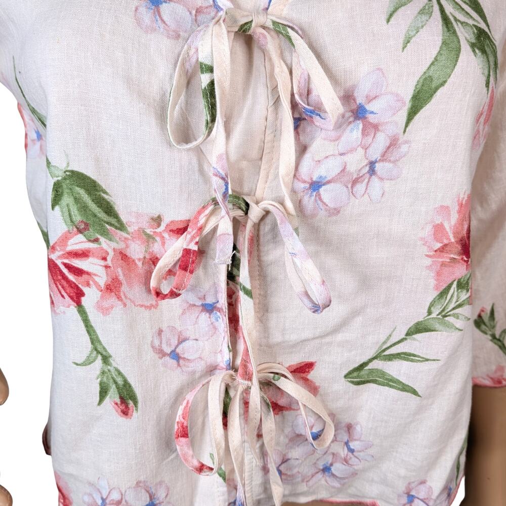 Laura Ashley Ivory Pink Floral Linen Blend Tie-Front Blouse Scalloped Hem XS - Picture 5 of 12